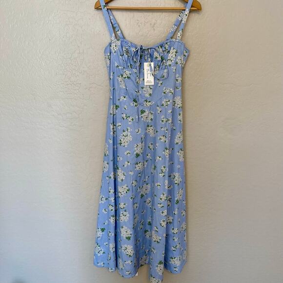 Sim & Sam Floral Milkmaid Cotton Poplin Midi Dress Womens Size Medium Blue - Picture 2 of 7